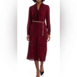 Michael Kors midi dress size large red black animal print gold chain belt $195